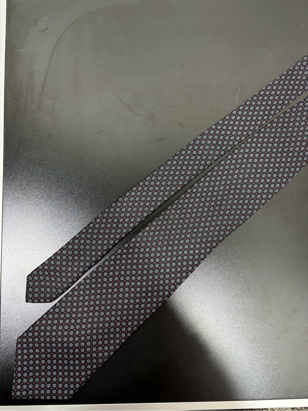 Brioni Black Silk Tie with Red and White Microdots